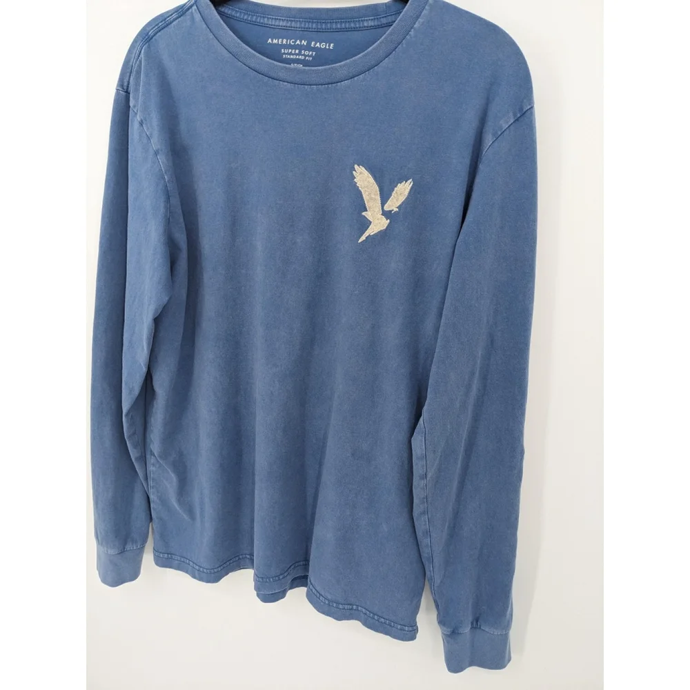 American Eagle Shirt Mens Small Blue Long Sleeve Super Soft Logo Graphic Y2K 90s